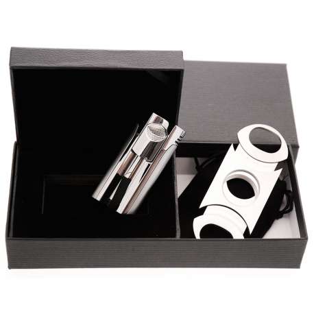Coffret acier brossé briquet + coupe cigare