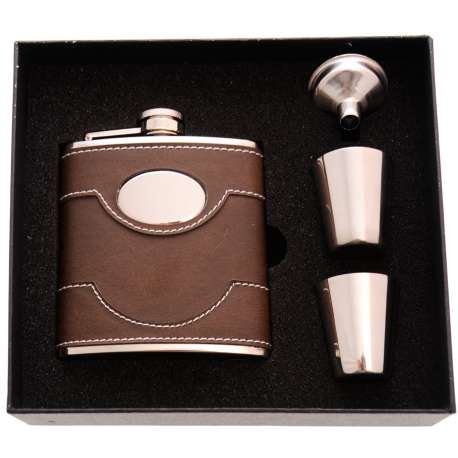 Flasque  aspect cuir vieilli + 2 verres + entonnoir