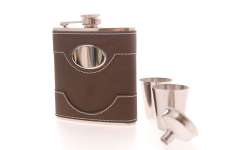 Flasque  aspect cuir vieilli + 2 verres + entonnoir