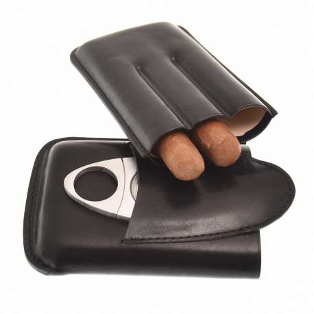 Etui 3 cigares cuir noir avec coupe cigare